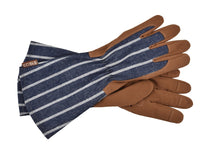 A pair of work gloves with a navy blue and white striped fabric back and tan leather palms and fingers, displayed on a clean white background.