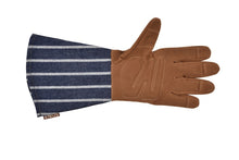 A single long work glove shown flat against a white background, featuring a brown leather-finish palm and fingers with a navy blue striped fabric cuff.