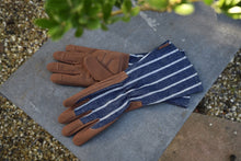 Pair of brown and blue striped gloves on a stone surface with greenery in the background