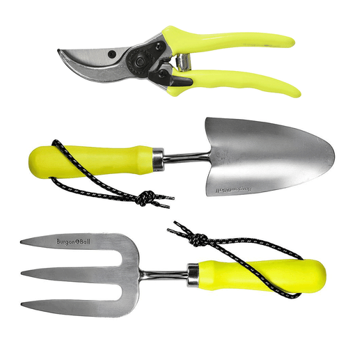 Stylishly yet practical gift set featuring Burgon & Ball's FloraBrite range of Hand Trowel, Fork & Bypass Secateurs, in colour Yellow.