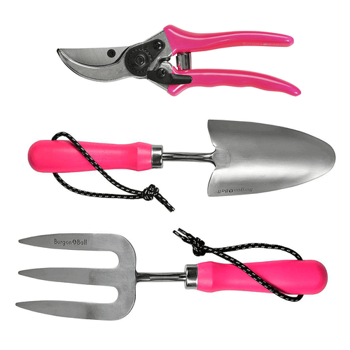 Stylishly yet practical gift set featuring Burgon & Ball's FloraBrite range of Hand Trowel, Fork & Bypass Secateurs, in colour Pink.
